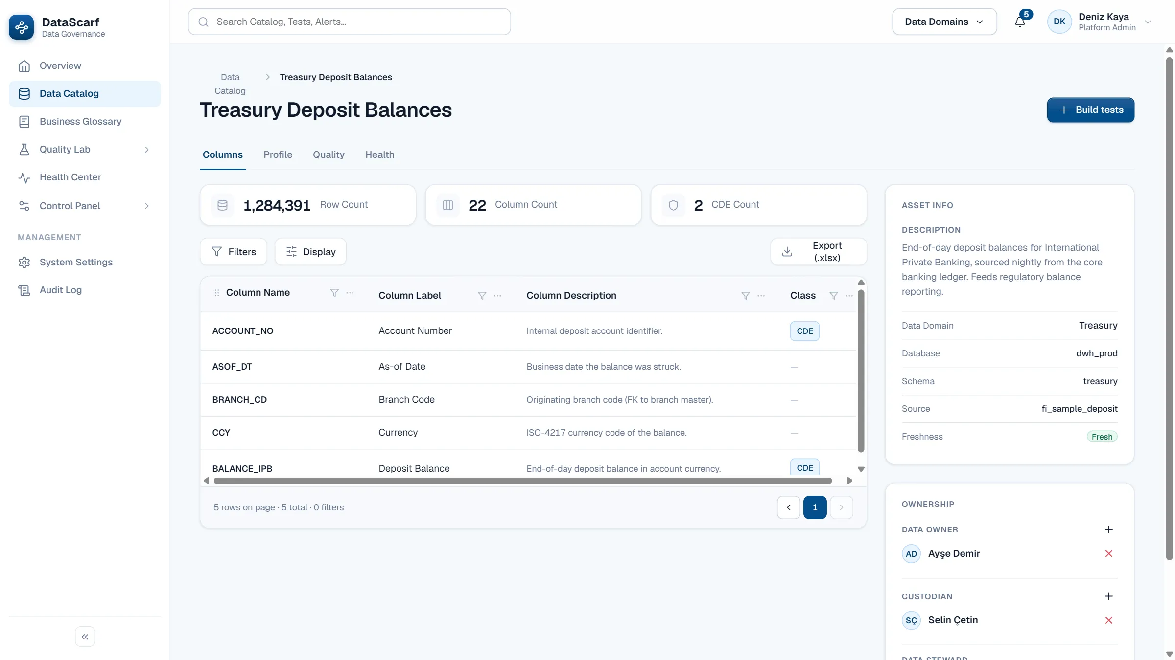 The record for Treasury Deposit Balances, with tabs for its columns, profile, quality results and health history.